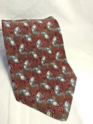 Henry Grethel 100% 真丝领带棕色蓝色佩斯利几何图案 3.75 英寸 意大利 美国 — 第 1/4 张图片