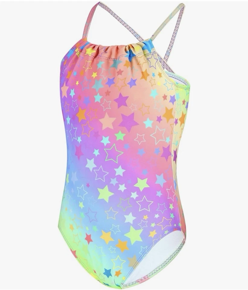 Traje de baño de una pieza estrella arco iris 3T 4T para niñas correas ajustables espalda cruzada Foto 1 de 4