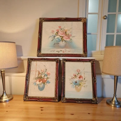 Vintage Floral Oil Paintings Set Of 3 With Ornate Frames - Image 1 of 4