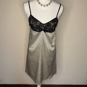 VTG Liz Banks Pink Label Bias Cut Black & Cream Polka Dot Lace Mini Slip Medium - Picture 1 of 18