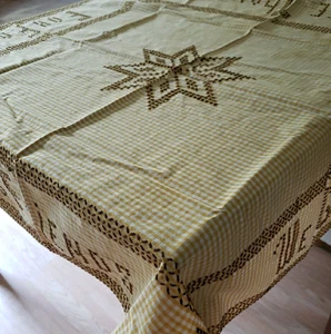 Vintage Gingham Tablecloth 34x32 Gold White Brown Cross Stitch “We Give Thanks” - Picture 1 of 11