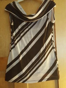 Junior's Beige and Brown Large Work Top Brown Striped Large Collar Top - Picture 1 of 3