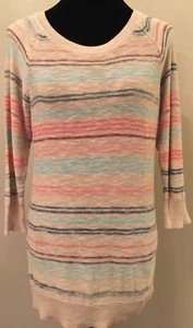 Sonoma Life+Style Womens Sweater Size Large Beige Stripe 3/4 Sleeve Pullover  - Picture 1 of 7