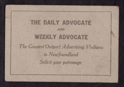 Tarjeta publicitaria Newfoundland Daily/Weekly Advocate de 1920 Foto 1 de 2
