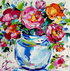 original oil painting Rose Peony flowers artwork Floral small wall art 6*6 inch - Picture 1 of 8