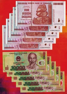 5 x 5 Billion Zimbabwe Dollars, 5 x 10000 Dong Vietnam Currency VND Banknote COA - Picture 1 of 5