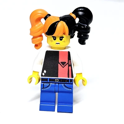 Lego BAM Minifigure Female Orange & Black Pigtails Blue Jeans Rock Girl - Image 1 of 2