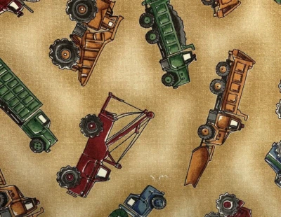 Robert Kaufman Fabric " Movin On " Equipment On Tan Background 1 Yd 10" D #2805 - Image 1 of 4