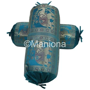 Indian Brocade Silk Round Bed Sofa Neck Bolster Cushion Cover Set 2 pcs elephant - Picture 1 of 6