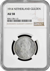 Netherlands 1 gulden 1914, NGC AU58, "Queen Wilhelmina (1890 - 1948)" - Picture 1 of 2