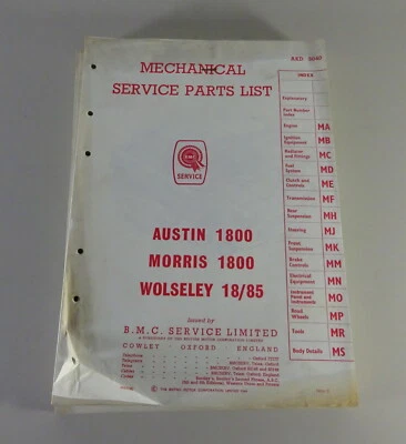 Spare Parts List BMC Austin/Morris/Wolseley 1800 Corpo + Meccanico '1964 - Immagine 1 di 4