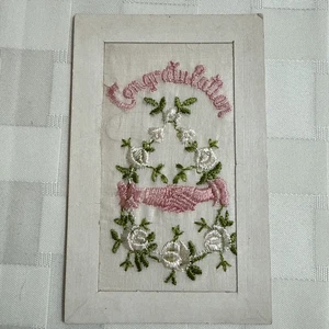 Hand Embroidered Postcard Congratulates White Flowers Pink Hands Switzerland - Picture 1 of 11