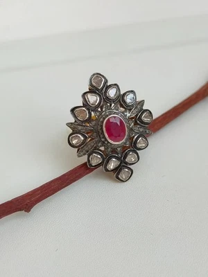 Anello gemme rubino naturale polki pave diamante anello in argento sterling... - Immagine 1 di 4