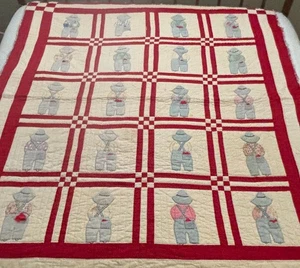 Vtg 1930s Feedsack Overall Sam Quilt Red White Patchwork Hand Sewn CUTTER - Picture 1 of 14