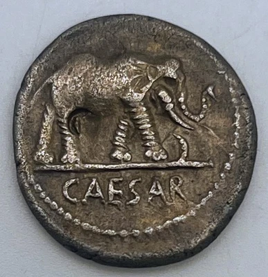 49 BC Julius Caesar AR Denarius Elephant Trampling Serpent VF Military Mint - Image 1 of 2