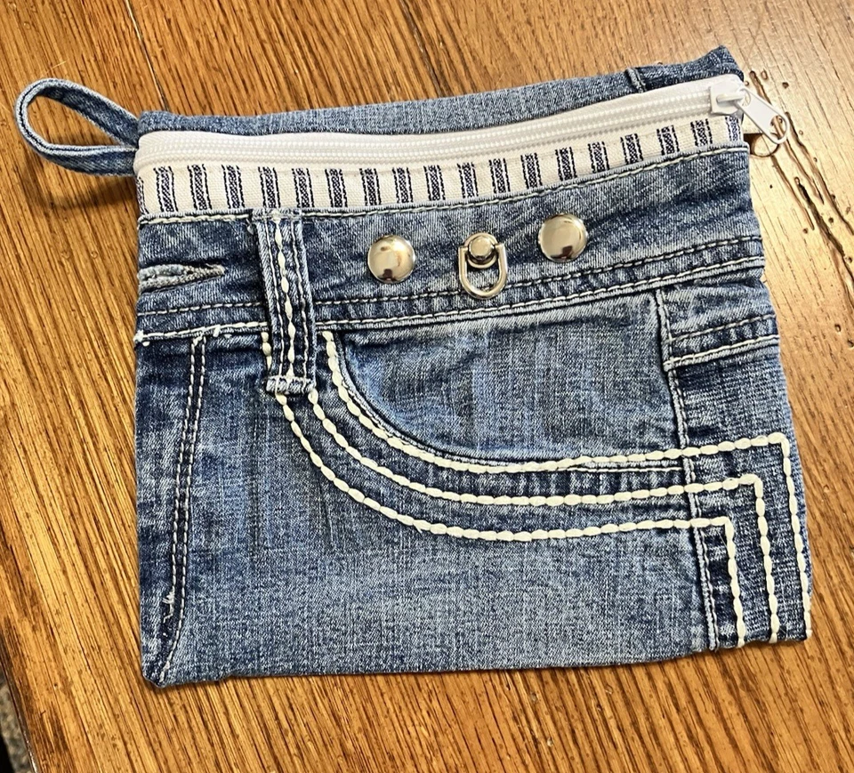 Grunge Makeup Bag Zippered Pouch Denim Upcycled Jeans Hippie Boho Moto Biker - Изображение 1 из 4