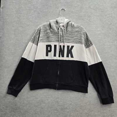 ROSA Victoria's Secret Mujer Sudadera con Capucha L Gris Blanco Negro Colorblock Logo LEER Foto 1 de 4