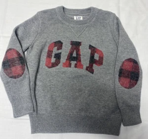 Gap Boys Size XS 4 5 Kids Grey crewneck sweater buffalo plaid logo and elbows - Picture 1 of 5