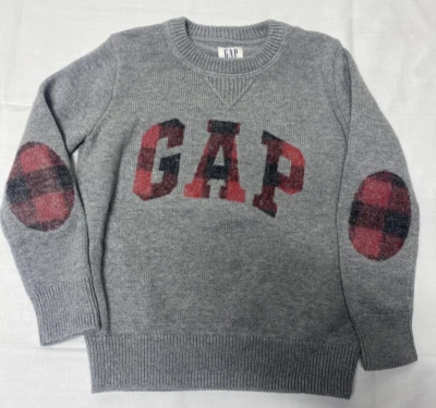 Gap Boys Size XS 4 5 Kids Grey crewneck sweater buffalo plaid logo and elbows - Image 1 of 4