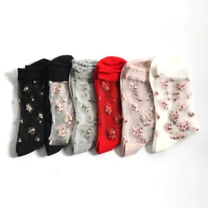 2Pairs Lady Sheer Ankle Crew Socks Mesh Transparent Embroidery Floral Lace Socks - Picture 1 of 18