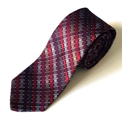 CALVIN KLEIN Red Silver-Gray Bronze-Beige Stripes Necktie Tie 3" Wide x 61" Long - Image 1 of 2