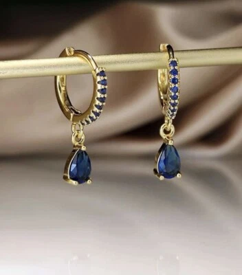Pendientes Oro y Azul - Aro Colgante Gota - Pendientes Zafiro