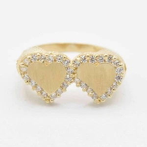 Satin Finish CZ Double Heart with Textured Sides Ring Real Solid 10K Yellow Gold - Picture 1 of 6