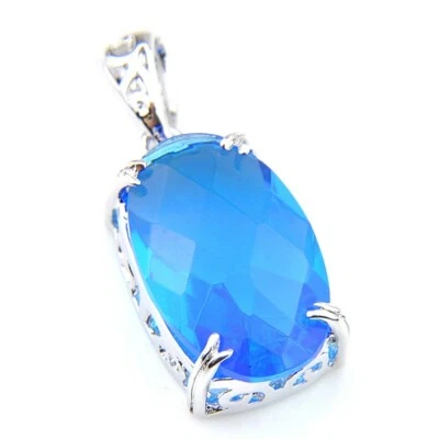 Newest Rectangle Fire Sky Blue Topaz Gemstone Silver Necklace Pendants Xmas Gift - Image 1 of 4