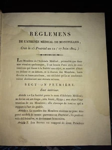 ATHÉNÉE MÉDICAL DE MONTPELLIER. 1804. RÈGLEMENT.  - Picture 1 of 2
