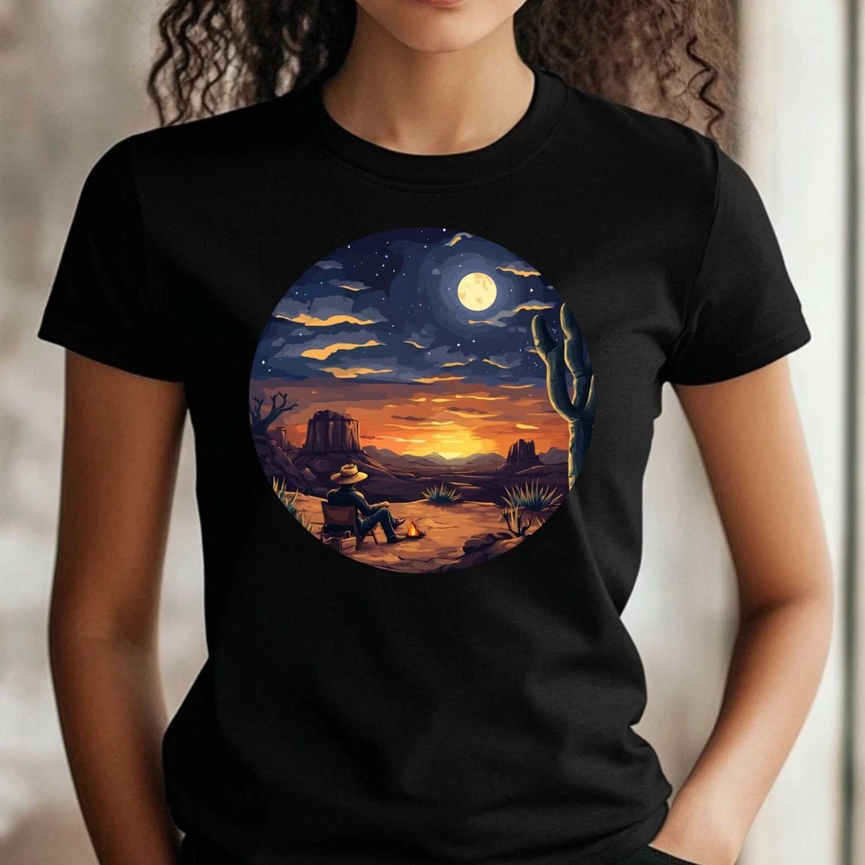 Frauen T-Shirt Cowboy Camping Motiv Baumwolle Größe S bis 3XL - Bild 1 von 1