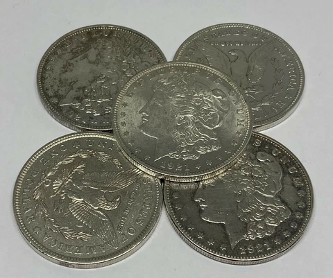 Lot of 5 1921 Morgan Silver Dollar Last Year 90% $1.00 Bullion - Polished Cover