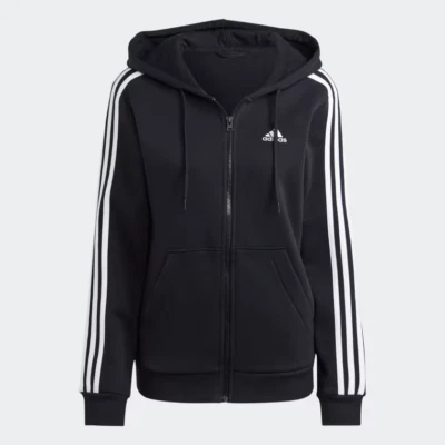 Adidas Essentials 3-Stripes Zip Fleece Womens Hoodie HZ5743 Black White M NWT - Image 1 of 4