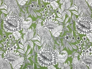 BALLARD DESIGNS PHEASANT FERN GREEN BIRD FLORAL MULTIUSE FABRIC BY YARD 54"W - Picture 1 of 6