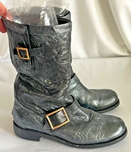 🍒Jimmy Choo Black Shimmer Metallic Leather Moto Boots 8 38.5 Italy SHIPS FAST🍒 - Picture 1 of 10