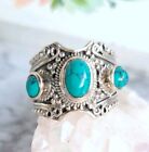 Vintage Roystan Turquoise Tri-Stone Detailed Sterling Silver Ring