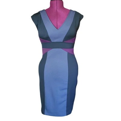 Vestido Vaina Maggy London Color Block Gris Negro Púrpura Talla 8 Carrera Profesor Foto 1 de 4