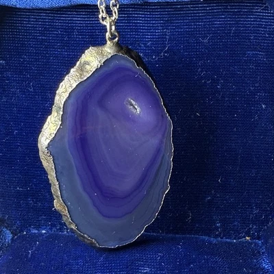 Dyed Blue Agate Slice With Druzy Pendant, Polished Woth 32” Chain Silver Tone - Image 1 of 4