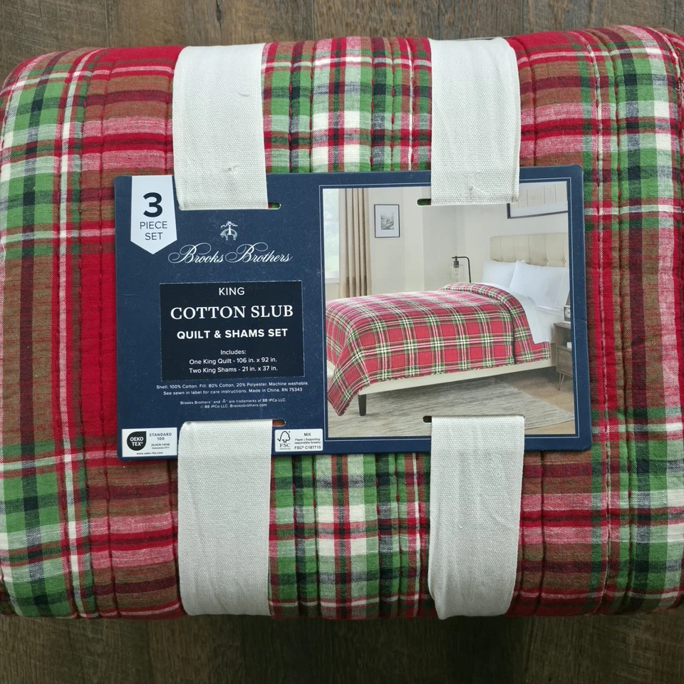 Juego de edredón Brooks Brothers KING rojo a cuadros escocesa puntada algodón Foto 1 de 4