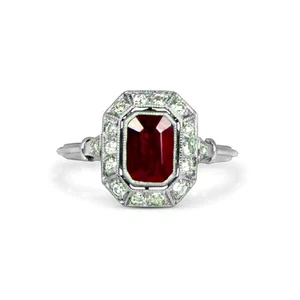 2CT Emerald Cut Ruby Vintage Women Wedding Art Deco Ring 14K White Gold Plated - Picture 1 of 3