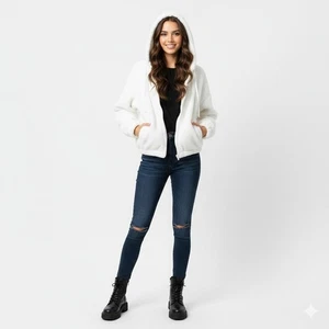 Aeropostale Hoodie Jacket Womens XS White Teddy Faux Fur Warm Fuzzy Soft Lounge - Picture 1 of 17