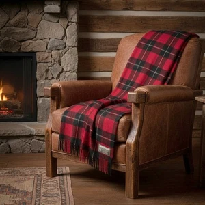 Plaid Andean 100% Wool Blanket Red Black Buffalo Check Fringe Made in Chile - Picture 1 of 6