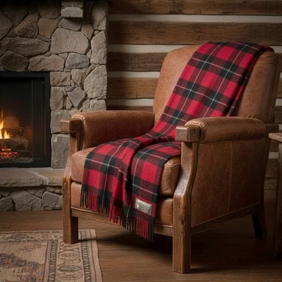 Plaid Andean 100% Wool Blanket Red Black Buffalo Check Fringe Made in Chile - Image 1 of 4
