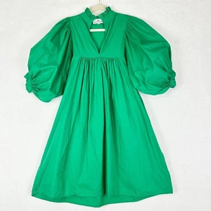 Never A Wallflower High Neck Dress Size XS Green Poplin Cotton Puff Sleeve  - Picture 1 of 6