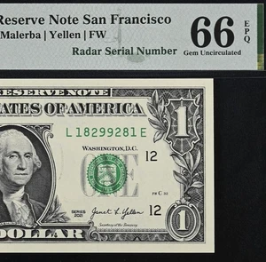2021 $1 Federal Reserve Note PMG 66EPQ Fancy Radar Serial Number 18291829 - Picture 1 of 3