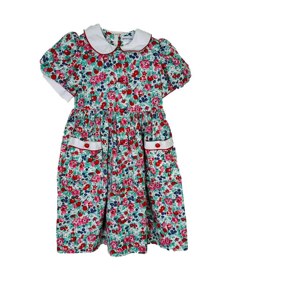 Maria Casero Floral Shift Dress Peter Pan Collar Padded Shoulders Girls Size 6 - Image 1 of 4