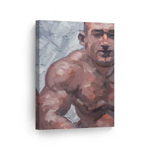 Sexy Muscular Man Portrait Oil Painting LGBT Half Nude Gay Canvas Wall Art Print - Picture 1 of 7
