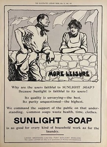 Anuncio impreso original de jabón Sunlight 1906 - anuncio de jabón de lavandería más ocio - Imagen 1 de 1