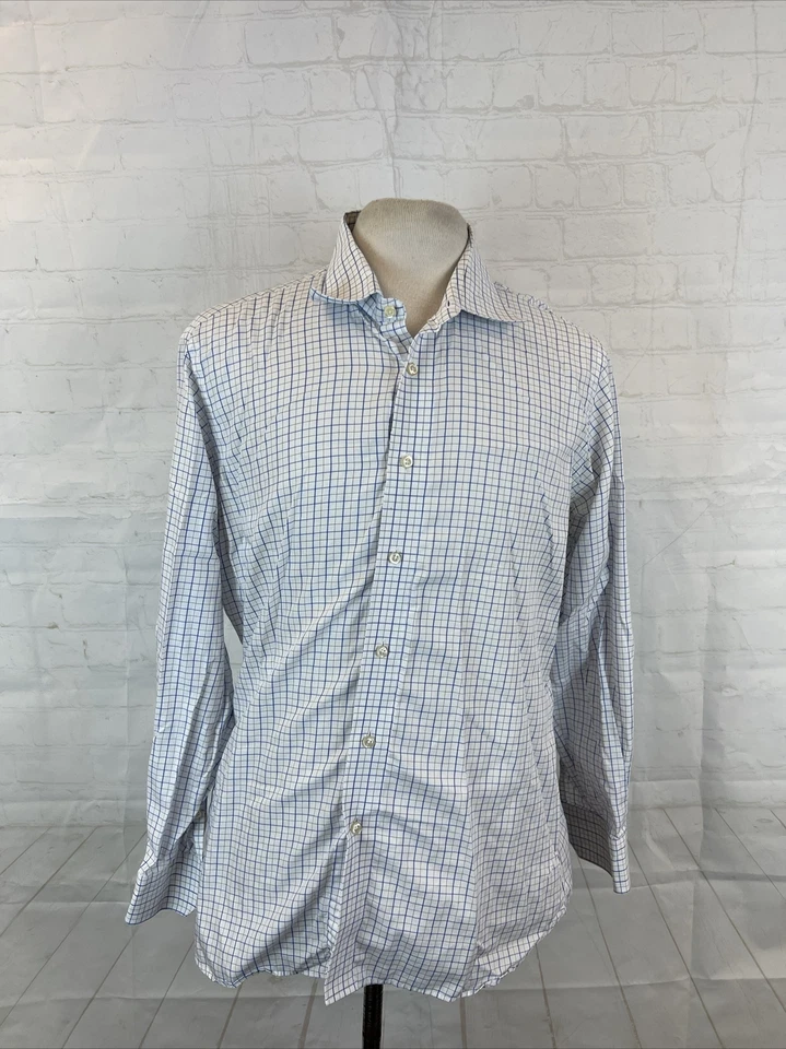Tom James Men's White & Blue Plaid Dress Shirt 15.5 - 16 31/32 $158 - Image 1 of 4