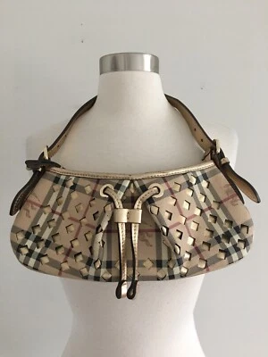 BURBERRY HAYMARKET CHECK LASER CUT BEIGE GOLD LEATHER COATED CANVAS  BAG RARE - Image 1 of 4