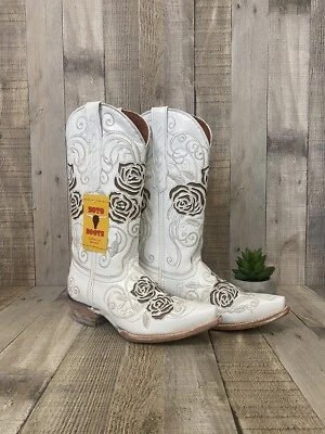 Soto White Leather Rose Inlay Country Western Cowboy Boots US Womens SZ 6 NEW - Image 1 of 4